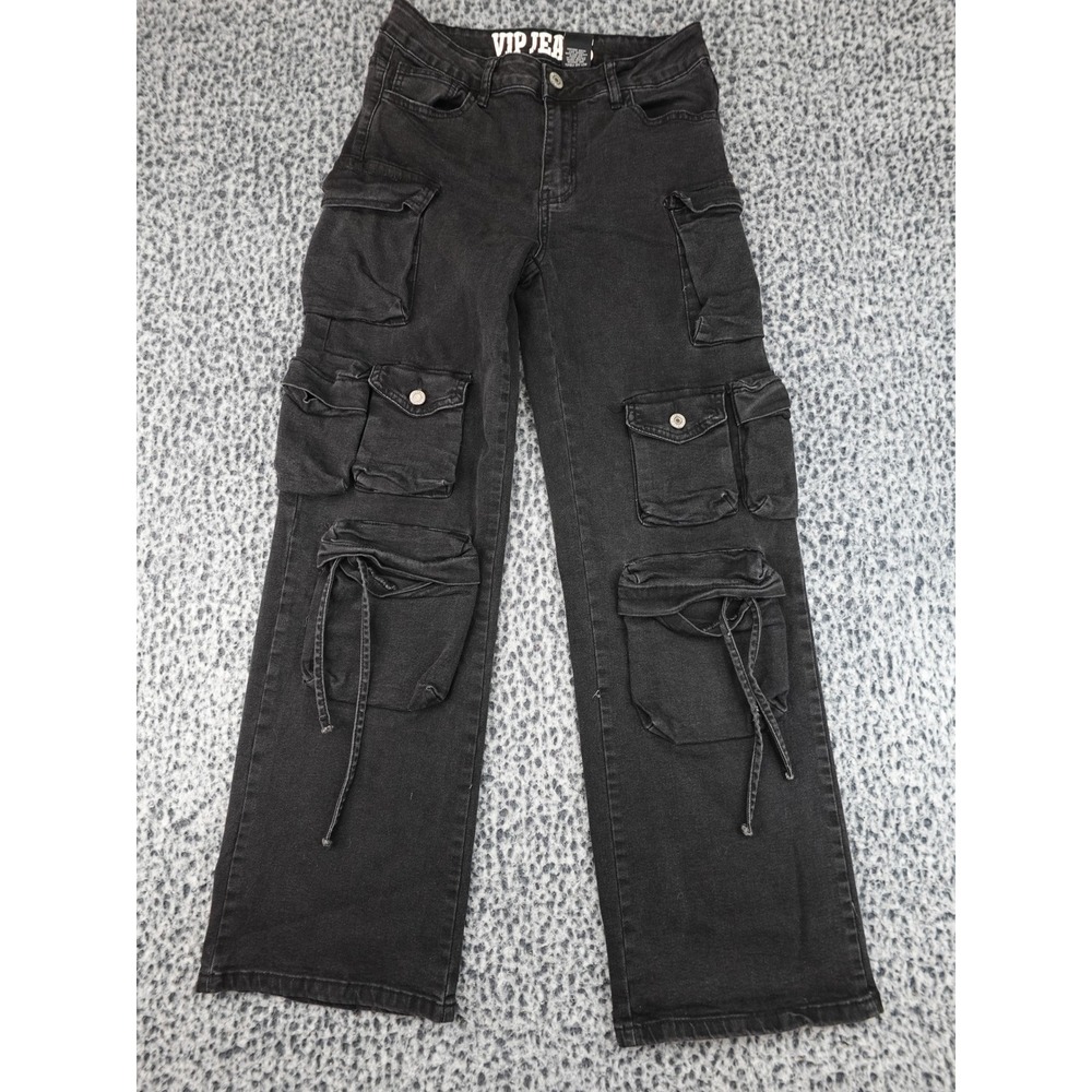 VIP‎ Jeans Cargo Pants Women Size 9/29 Black Wide Leg Multi-Pocket Utility